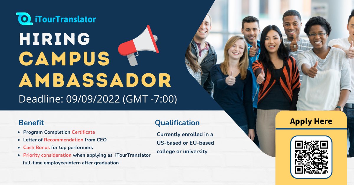 TranslatorTour's tweet image. Hiring Campus Ambassador Now (Urgent!!)
Join iTour Campus Ambassador Program!
Here you&apos;ll make friends from all over the world, and more importantly, you&apos;ll gain experience and real money in return!

Check out the link in the bio

#campuslife #hiringnow #campusambassadorprogram