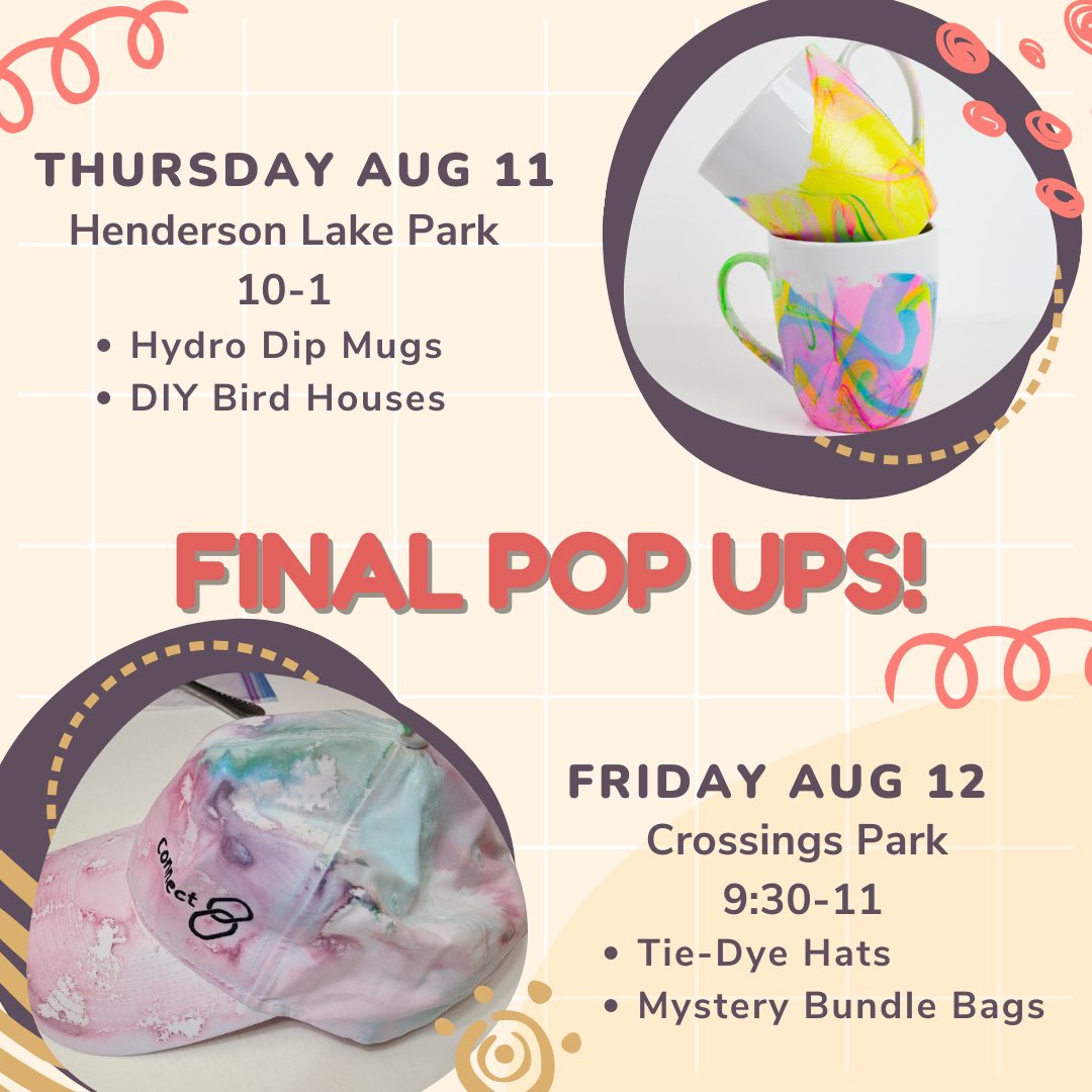 We are wrapping up our summer pop-up events this week! Join us at Henderson Lake park on Thursday from 10-1 or at Crossings park on Friday from 9:30-11.