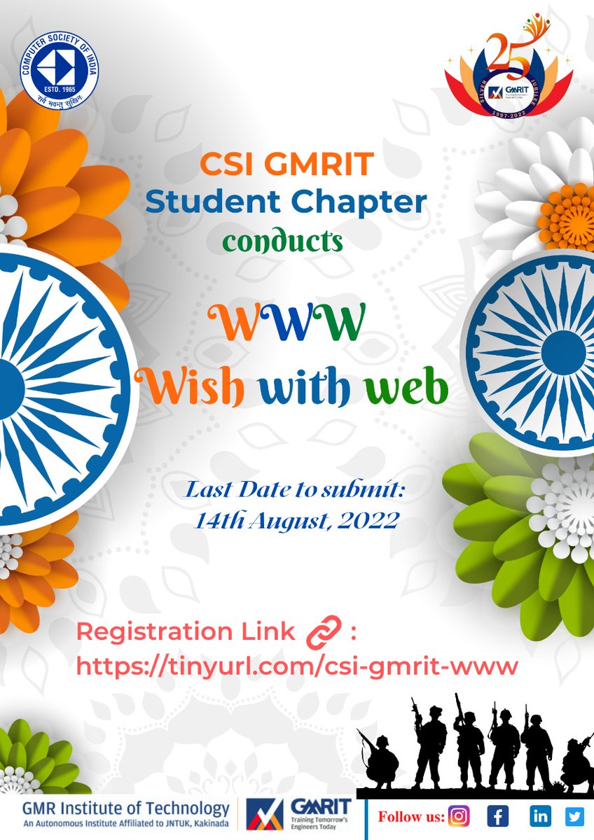 Geeks!! 👨🏻‍💻👩🏻‍💻
CSI GMRIT's "WWW- Wish With Web"  
on the eve of 75th Independence day🇮🇳 with the theme "Nation First, Always First".🇮🇳                                                                         
All what you have to do is Create a website🖼️ which resembles the theme 🇮🇳