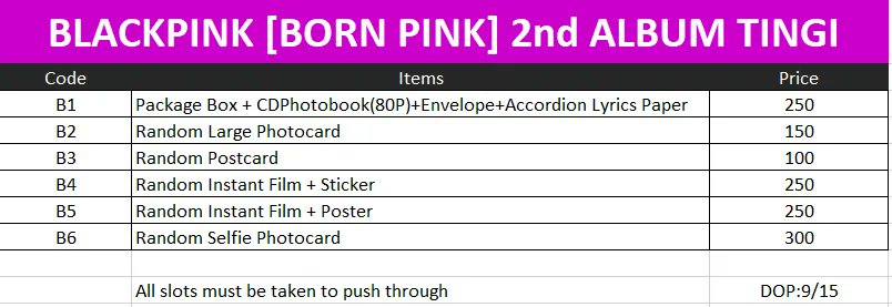 CherryBlissPH's tweet photo. [#CBPhGO] lf wts lfb ph go tingi

BLACKPINK 2nd Album
BORN PINK TINGI
🍒Prices in picture
🍒all slots must be taken to push thru
🍒 shopee checkout allowed
🍒 DOP: SEPT 15

MINE + item to order
#BLACKPINK #BORNPINK https://t.co/4p9D7xyhdP
