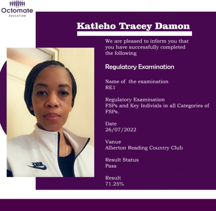 ooctomate's tweet photo. Congratulations Katheho Damon 71.25% in your RE1 exam well done. We wish you all the best in your future endeavors. 🎀👨‍🎓🎶📸🎂
To enrol for your Credits,RE1 ,RE5 , RE3,RE4 ,Class of Business ,NCA and CPD 
Contact us 
WhatsApp and calls -0814635337
Email- stanford@octomate.co.za https://t.co/wEi7dU1OR2