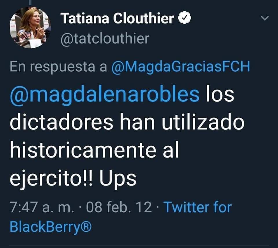 Ahora con la militarización del país por parte de <a href="/lopezobrador_/">Andrés Manuel</a> recordemos este tuit de la sabía secretaria de economía <a href="/tatclouthier/">Tatiana Clouthier</a>