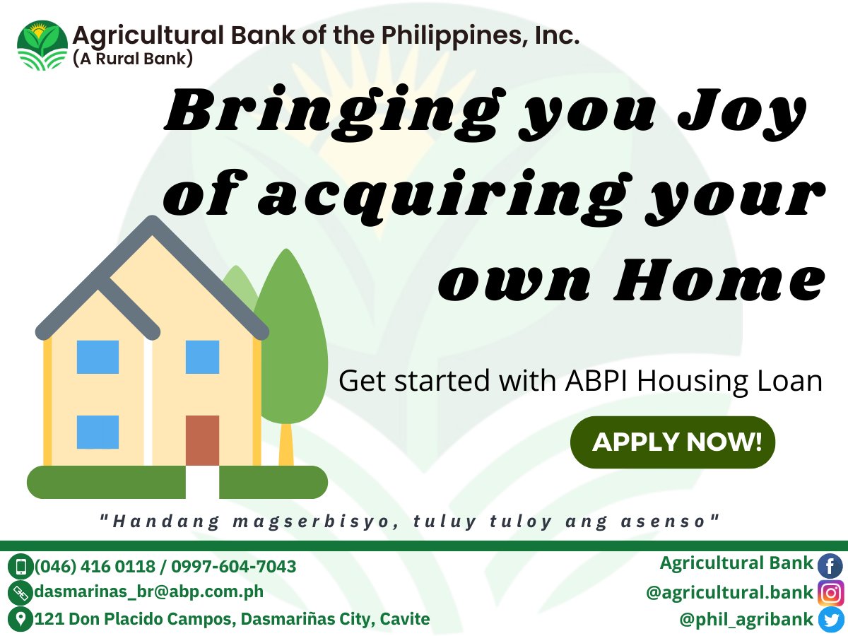 phil_agribank's tweet photo. Apply for ABPI Housing Loan now!

#AgriculturalBankofthePhilippinesInc 
#handangmagserbisyotuluytuloyangasenso https://t.co/6XN5NoUdvi