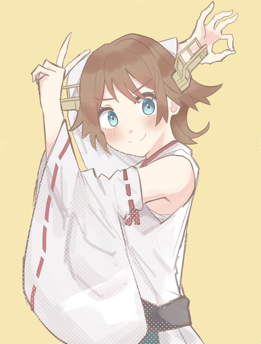 hiei (kancolle) 1girl solo brown hair short hair flipped hair ribbon-trimmed sleeves detached sleeves  illustration images