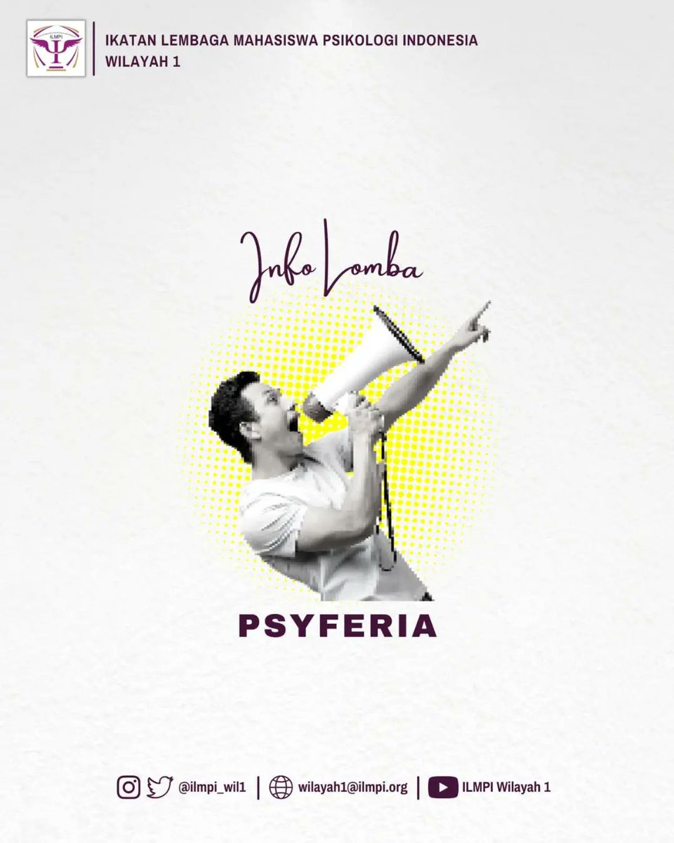 ILMPI_Wil1's tweet photo. [INFO LOMBA PSYFERIA]

Halo Psyfriends ✨
Mulai dari tanggal 7 Juli 2022 sampai dengan tanggal 1 September 2022 Psyferia masih membuka sesi pendaftaran 👉For more info
Instagram: @psyferia.unpad
Line: @ntk4599p
Twitter: @psyferia_unpad
Atau kunjungi 👉https://t.co/WiJziO3ETn https://t.co/KZRKtNQRSS