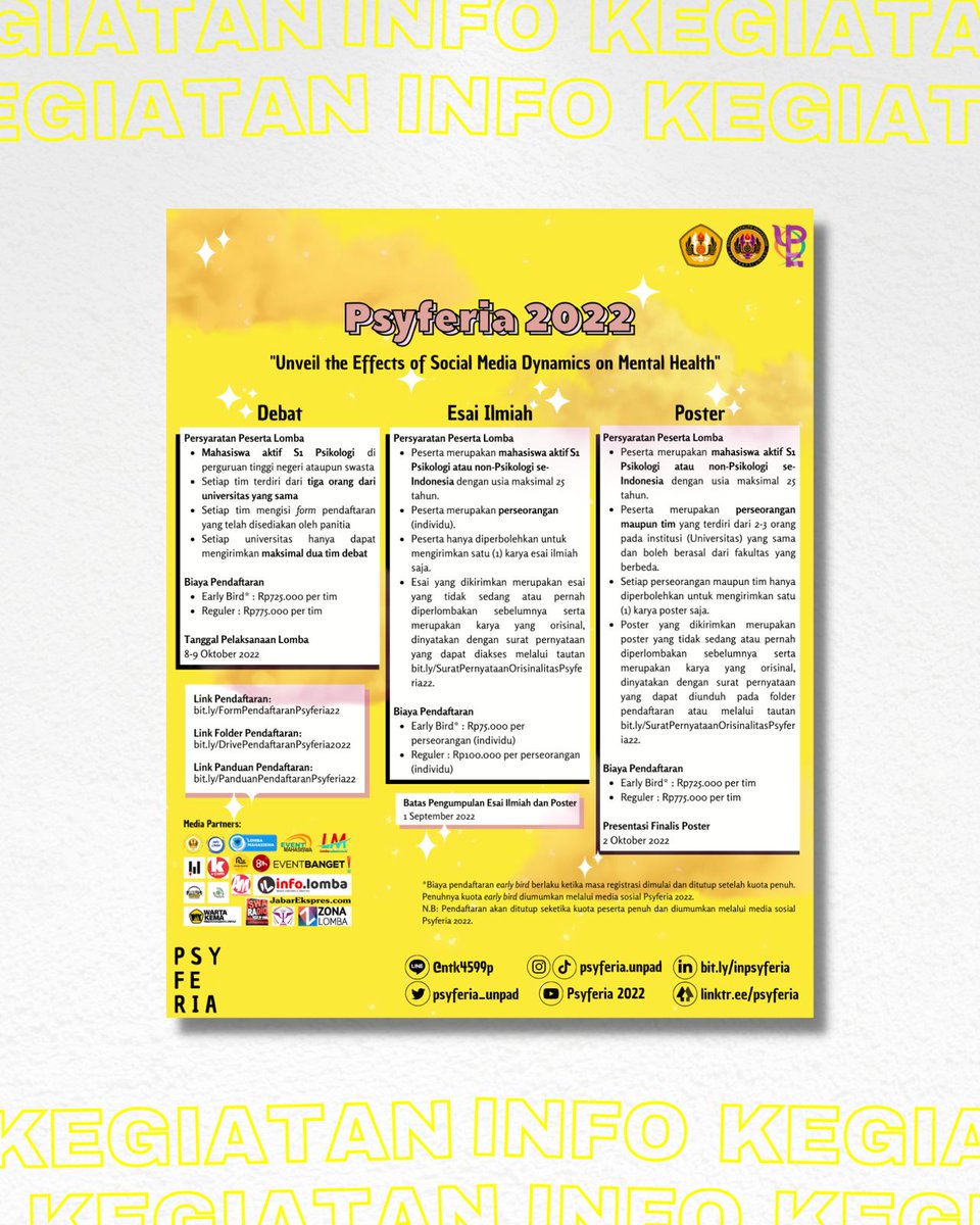 ILMPI_Wil1's tweet photo. [INFO LOMBA PSYFERIA]

Halo Psyfriends ✨
Mulai dari tanggal 7 Juli 2022 sampai dengan tanggal 1 September 2022 Psyferia masih membuka sesi pendaftaran 👉For more info
Instagram: @psyferia.unpad
Line: @ntk4599p
Twitter: @psyferia_unpad
Atau kunjungi 👉https://t.co/WiJziO3ETn https://t.co/KZRKtNQRSS