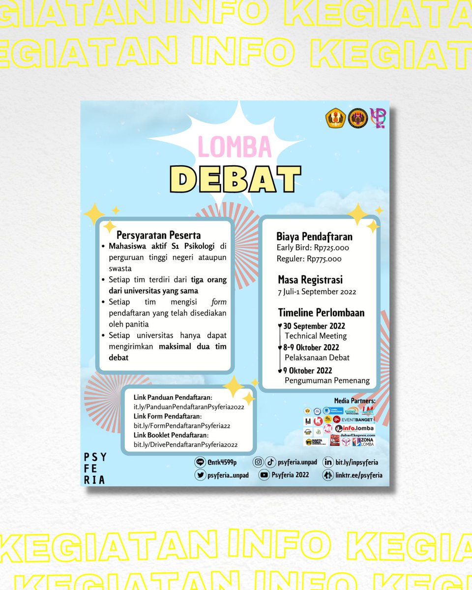 ILMPI_Wil1's tweet photo. [INFO LOMBA PSYFERIA]

Halo Psyfriends ✨
Mulai dari tanggal 7 Juli 2022 sampai dengan tanggal 1 September 2022 Psyferia masih membuka sesi pendaftaran 👉For more info
Instagram: @psyferia.unpad
Line: @ntk4599p
Twitter: @psyferia_unpad
Atau kunjungi 👉https://t.co/WiJziO3ETn https://t.co/KZRKtNQRSS