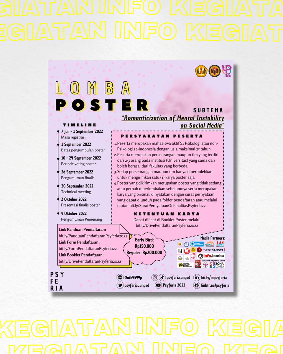 ILMPI_Wil1's tweet photo. [INFO LOMBA PSYFERIA]

Halo Psyfriends ✨
Mulai dari tanggal 7 Juli 2022 sampai dengan tanggal 1 September 2022 Psyferia masih membuka sesi pendaftaran 👉For more info
Instagram: @psyferia.unpad
Line: @ntk4599p
Twitter: @psyferia_unpad
Atau kunjungi 👉https://t.co/WiJziO3ETn https://t.co/KZRKtNQRSS