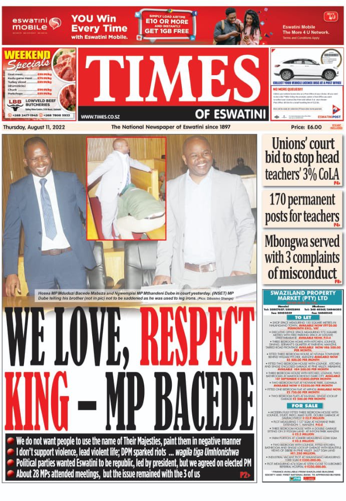 TimesOfEswatinE's tweet photo. #Times of #Eswatini #Headlines #August 11, 2022. #bacede #mthandeni #trial #HighCourt #CoLA #misconduct #SNAT #teachers https://t.co/4XhY9TOyew
