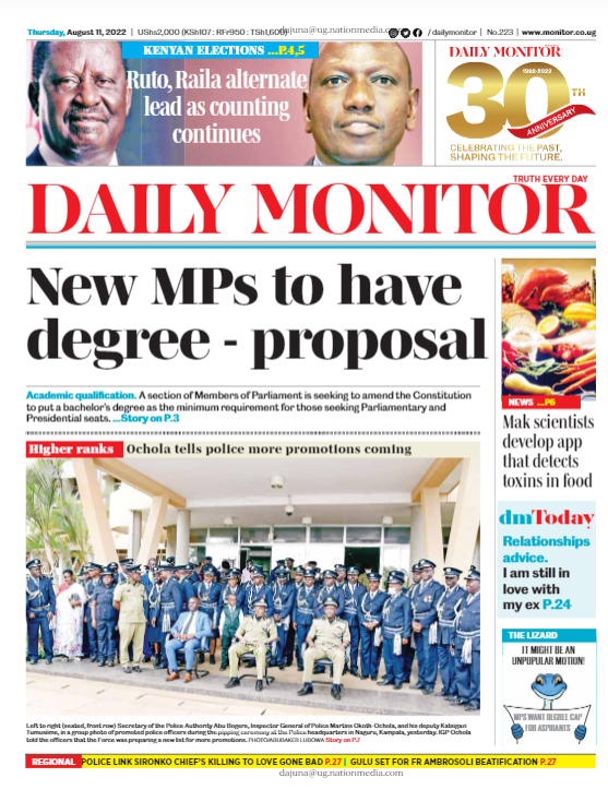DailyMonitor's tweet photo. ■New MPs to have degrees- Proposal 
■Find this and much more in your Thursday Daily Monitor also accessible on e-paper at 👉https://t.co/wgdIEsTaR8 #MonitorUpdates https://t.co/n1Ij5i6ser