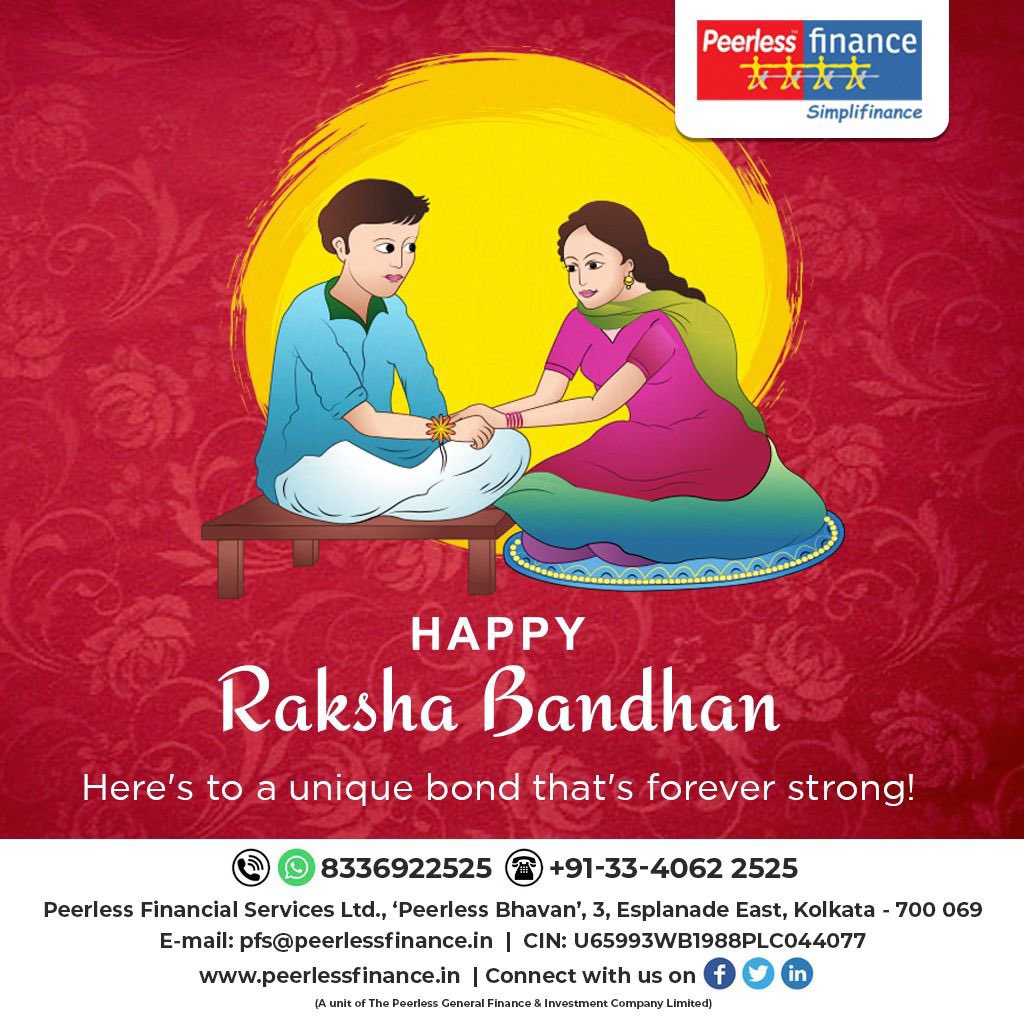 PeerlessFinance's tweet photo. Happy Raksha Bandhan, may you feel the power of God's protection and blessings from heaven today and always. Wishing all love, luck, joy and good health.
#PeerlessFinancialServicesLimited #rakshabandhan #rakhi #rakhi2022 #love #luck #joy #blessings #happiness #protection https://t.co/ib4KLDYZgP