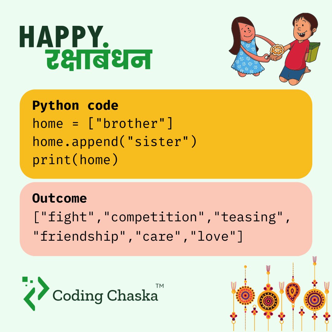 Let's celebrate the special bond between a brother and sister. Wishing you the Happy Rakshabandhan 
#rakshabandhanspecial #developerlife #Python #programminglife #codinglife #pythonprogramming #sisters #brotherandsisterlove❤️
#python  #rakshabandhan2022 #RakshaBandhan