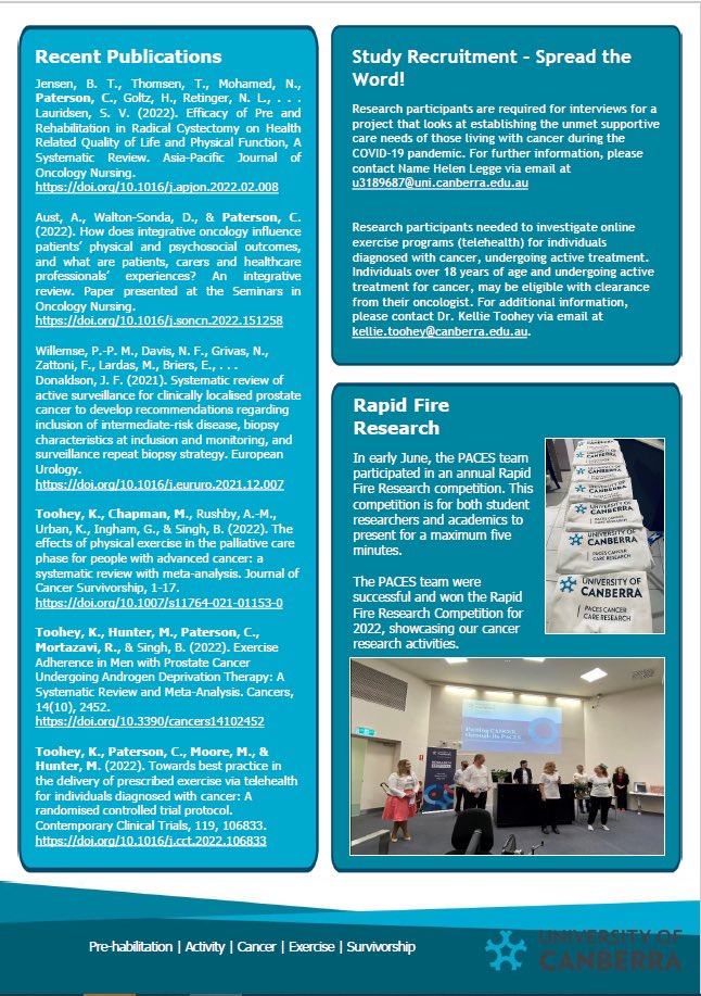 Cancer Recovery at UC (@paces_uc) on Twitter photo ⭐️ August Newsletter ⭐️
Showcasing some of the great work of the PACES team <a href="/UniCanberra/">University of Canberra</a> 👏🏻
If you would like to join our email list, please send us a message! ⭐️ August Newsletter ⭐️
Showcasing some of the great work of the PACES team <a href="/UniCanberra/">University of Canberra</a> 👏🏻
If you would like to join our email list, please send us a message!