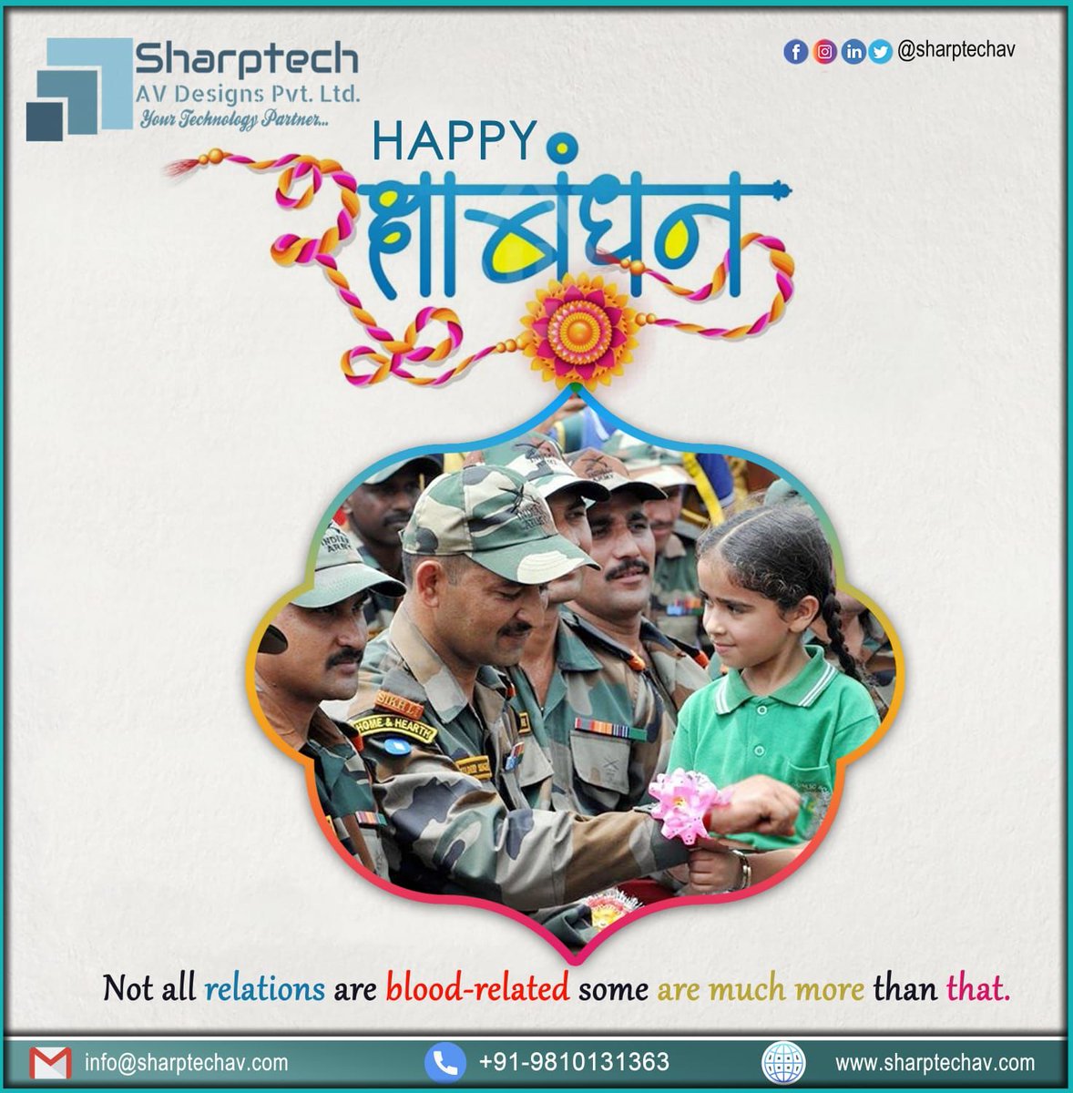 SharptechL's tweet photo. Dedicated to the bravest and most beloved Jawans, we send our best wishes on the auspicious occasion of the Raksha Bandhan festival.
You are like our brother; you are always there for our safety while putting your lives on the line.
#SharptechAVDesigns #Audio #Video #Delhi https://t.co/FB5L3Rjfrj