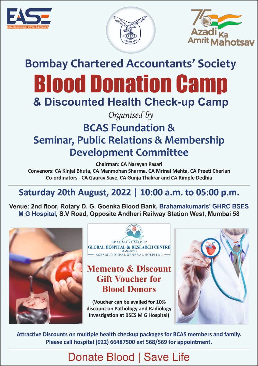 bcasglobal's tweet photo. If you are a blood donor, you are a hero to someone somewhere.

As part of the Azadi ka Amrit Mahotsav celebrations, #BCAS is pleased to announce a Blood Donation Camp &amp; Discounted Health Check-up Camp.
Details: https://t.co/zyqnO7Xcvo

Registration Link: https://t.co/wjv18tNWYD https://t.co/OMt6XblI4A