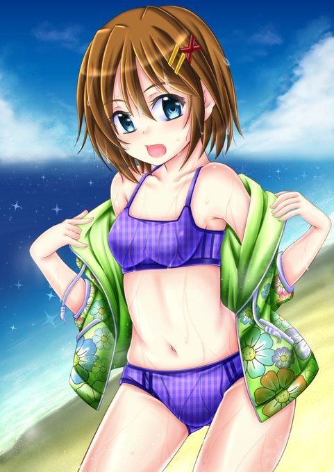 はやてちゃんの水着姿を描きました～。 差分は水滴無しです。 ※水着イラストなら、気を遣う必要ない気がするけど……一応センシティブ設定にしてあります。 