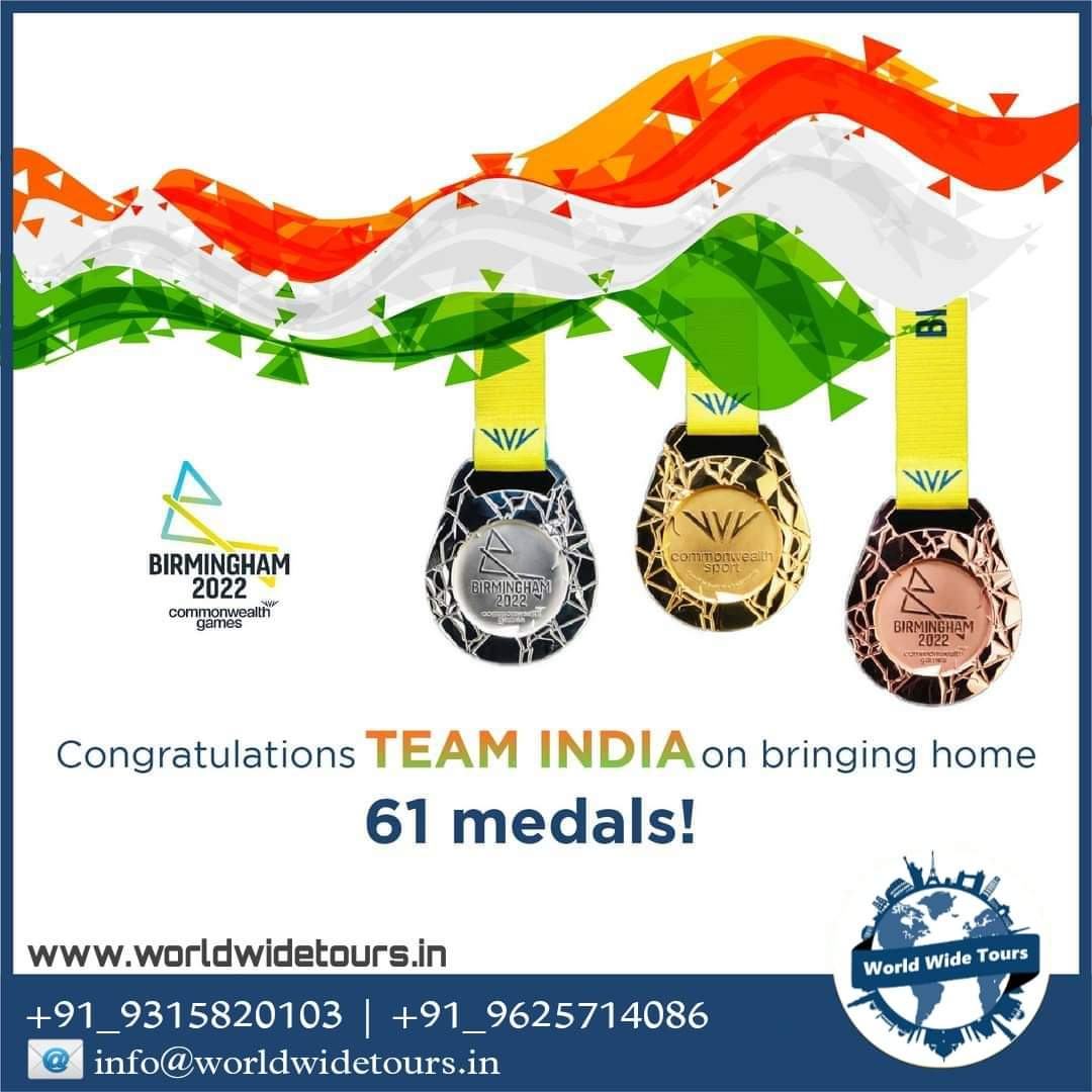 WW_Tours's tweet photo. 💢#WORLD_WIDE_TOURS - A New Pulse of Life 

🇮🇳 What a spectacular display by Team India at the Commonwealth Games 2022! 🇮🇳

22 gold, 16 silver, and 23 bronze medals places us in the 4th position with a total medal tally of 61!

Congratulations to all the athletes https://t.co/htWMQQpVvR
