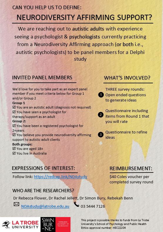 Are you an #ActuallyAutistic adult and/or a #NeurodiversityAffirming psychologist in Australia? We want you to help us define #NeurodiversityAffirming support. To learn more or register your interest, click here redcap.link/NDAstudy
#ActuallyAutistic #NeurodiversityAffirming
