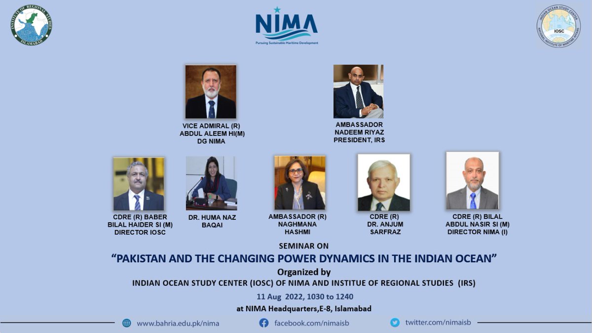 nimaisb's tweet photo. Indian Ocean study Centre (IOSC) Under the umbrella of NIMA is organizing a seminar on"Pakistan and the Changing Power Dynamics in the Indian Ocean" in collaboration with Institute of Regional Studies (IRS) on 11th Aug,2022. 1030 am
#NIMA
#IOSC
#Indian_Ocean
#IRS https://t.co/PgBPWnUhfX