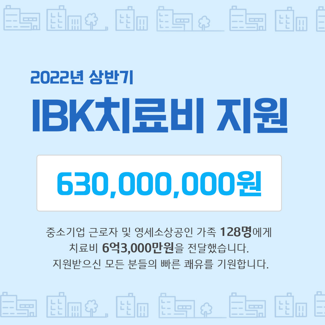 2022년 8월 11일, IBK치료비 지원 대상자 128명에게 6.3억원의 치료비를 모두 전달했습니다.

중소기업 근로자 및 영세소상공인 분들에게 조금이나마 힘이 되었길 바라며, 지원되신 모든 분들의 빠른 쾌유를 기원합니다. 😄🙌

#IBK기업은행 #IBK행복나눔재단 #IBK치료비 #치료비지원 #희귀난치질환