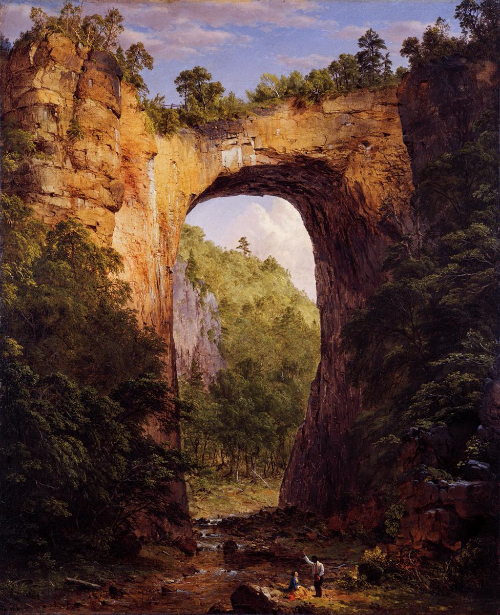 The Natural Bridge, Virginia, 1852. Frederic Edwin Church sought to be 'the landscape painter Alexander von Humboldt had called for, one who could approach nature as a blend of scientist and artist.'

#fredericchurch #hudsonriverschool #art #painting