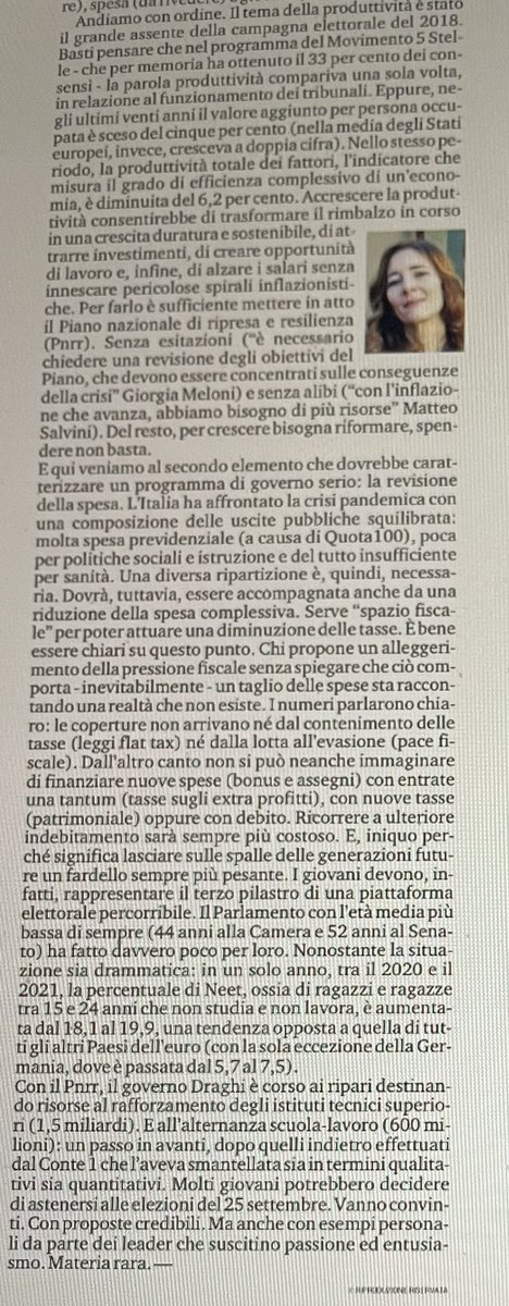 Mio art <a href="/LaStampa/">La Stampa</a> Programma elettorale credibile: 1) PRODUTTIVITÀ: da alzare per trasformare rimbalzo in crescita; 2) SPESA: da ridurre per finanziare taglio tasse; 3) GIOVANI: da includere e da convincere con soluzioni. E esempi personali da parte dei leader. Materia rara
