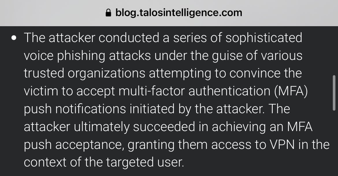 RachelTobac's tweet photo. Social engineering in the news big time this week. Cisco hack described in the blog below today featured the attacker voice phishing (attacking by talking over a phone call) and impersonating trusted orgs to convince the target to accept the MFA push.
https://t.co/v79pn55q6y https://t.co/bCwstLGuym