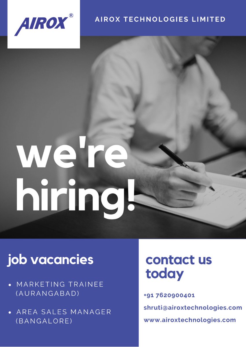 AiroxLtd's tweet photo. Hiring Alert!!
Interested candidate can DM me to know more about the vacancy.
https://t.co/k4yfE2MxKt
#hiring #jobvacancy #jobopportunity #airoxtechnologies #healthcare #manufacturing #industryjob #Pharmajobs #salesjob #marketingjobs #jobsinaurangabad #jobsinbangalore https://t.co/MtBP7iYs0u
