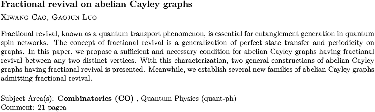 arXiv_math_CO's tweet photo. https://t.co/1T8iWNCEaj
X Cao, G Luo
Fractional revival on abelian Cayley graphs https://t.co/dgftzhOIWu