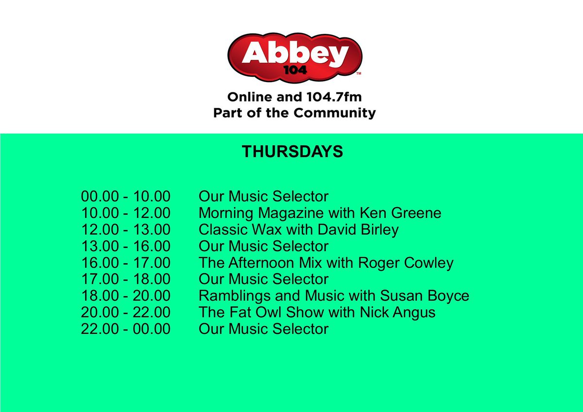 Here’s our tremendous Thursday lineup of Shows just for you on Abbey104 today.
Join our dedicated team of volunteer presenters on this beautiful Summers day.
Broadcasting locally from the very heart of Sherborne, every single day of the year.
Online abbey104.com👈