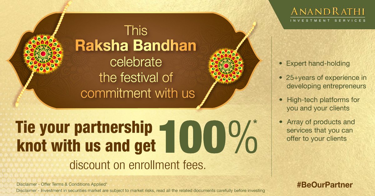 rathi_online's tweet photo. This Raksha Bandhan, join us in celebrating the festival of commitment by becoming a partner and getting a 100% discount on enrollment fees. 
#AnandRathi #Stockbroker #BecomeOurPartner #RakshaBandhan #partner #stokmarket #business https://t.co/s7Hy8ymlIB
