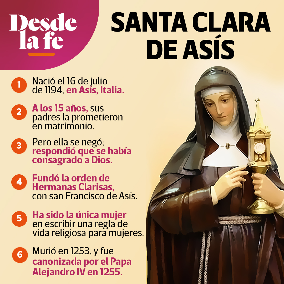📆 Este 11 de agosto, celebramos a #SantaClaradeAsis, quien dejó atrás una vida de lujos para seguir el ejemplo de pobreza de San Francisco. 👇