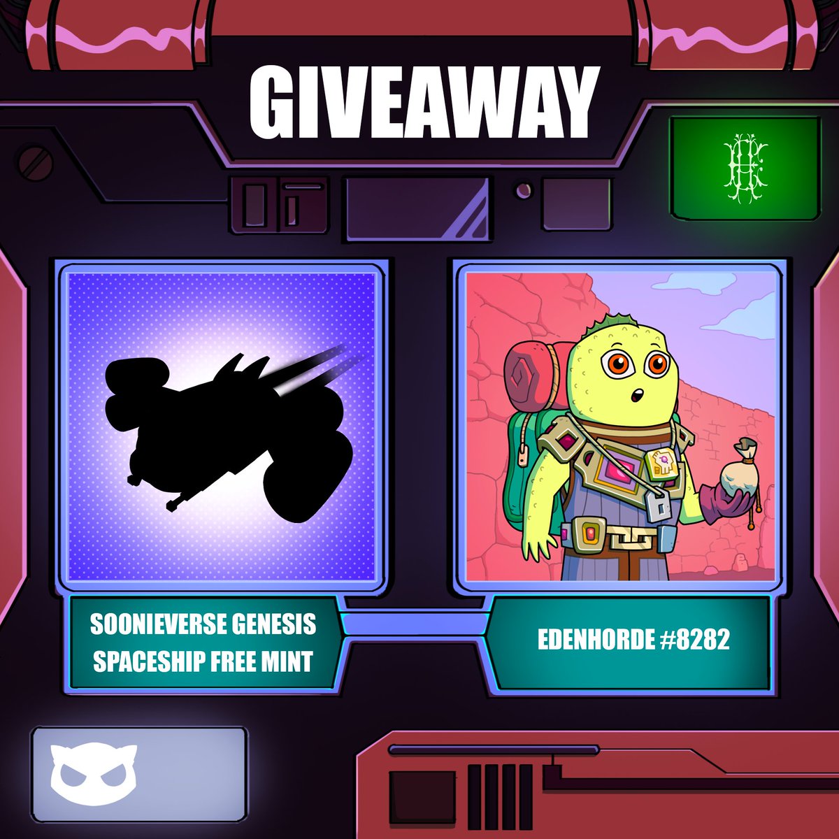 CryptoSoonie's tweet photo. To celebrate our frenship with Edenhorde, you can win 💥👇

🎁🎁🎁
👾 A cheeky Gadiran NFT from Edenhorde
🛸 A free Soonieverse Genesis Spaceship mint

To Enter 👀👇
- Follow @CryptoSoonie and @Edenhorde
- Like, Retweet, Comment
- Join Discord: 
https://t.co/uJoN9xePmS https://t.co/ULzqiQU6oP