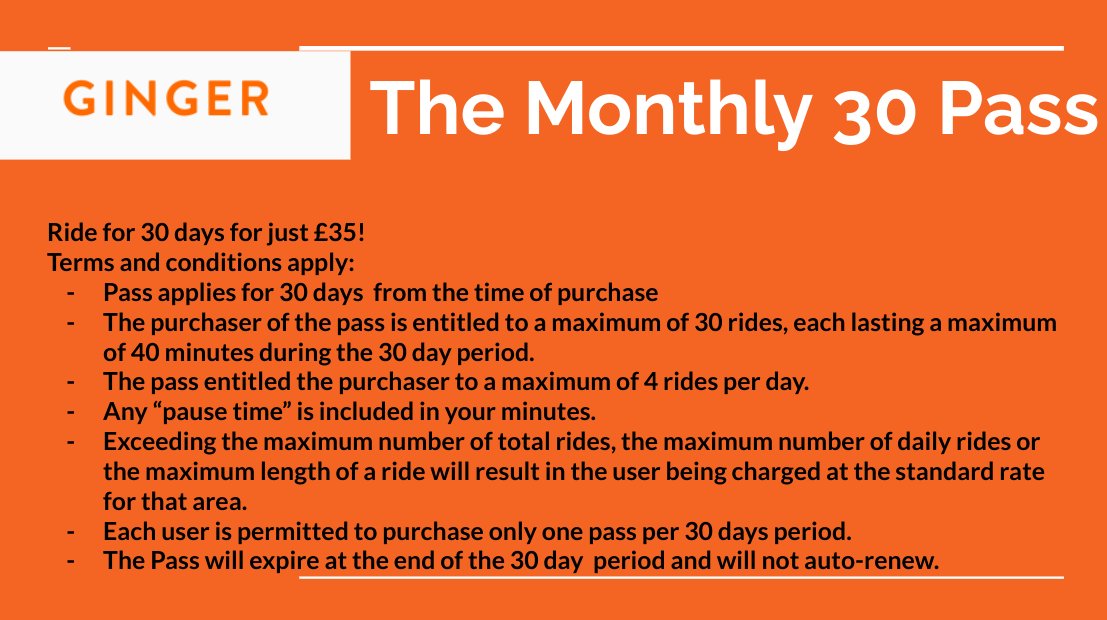 🧡🛴THE MONTHLY 30 PASS!🧡🛴

30 rides up to 40 minutes long each for £35! This saves you 73%! To purchase head over to the Ginger app promos section (terms and conditions apply)🧡🛴💨