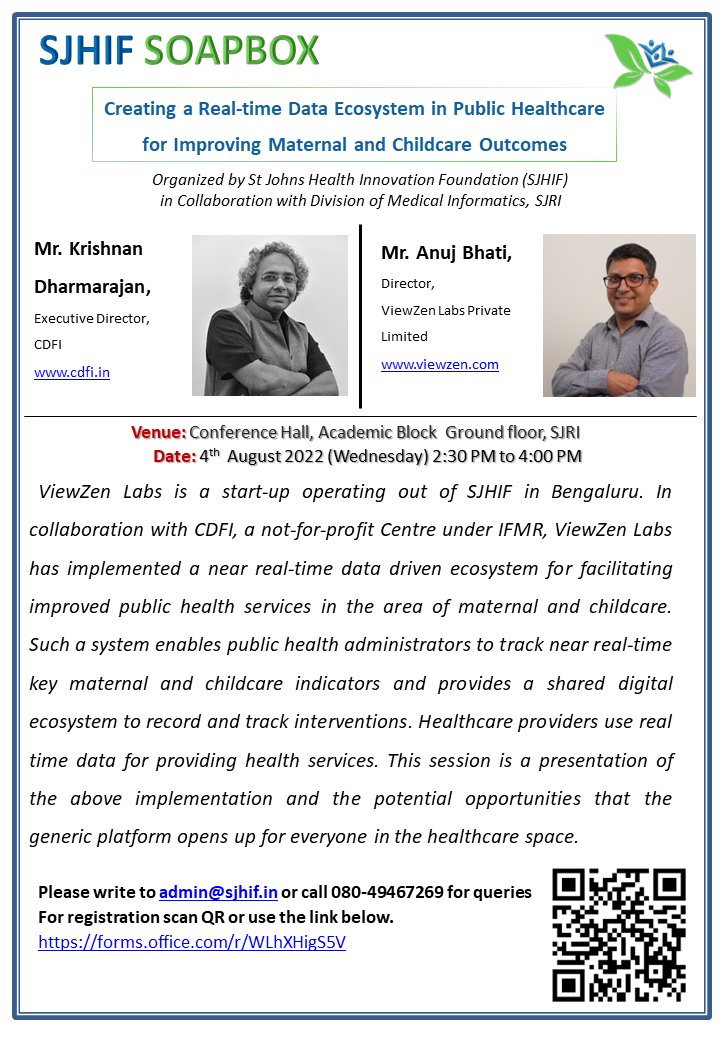 SJHIF's tweet photo. Krishnan Dharmarajan ED, of @IndiaCDFI &amp; Anuj Bhati, Director, ViewZen Labs interacted with @StJohns_Blr @StJohnsResearch &amp; #SJCON faculty at #SjhifSoapBox on “Creating a Real-time #Data Ecosystem in Public #Healthcare for Improving Maternal and Childcare Outcomes” https://t.co/KmdI1qvYoD