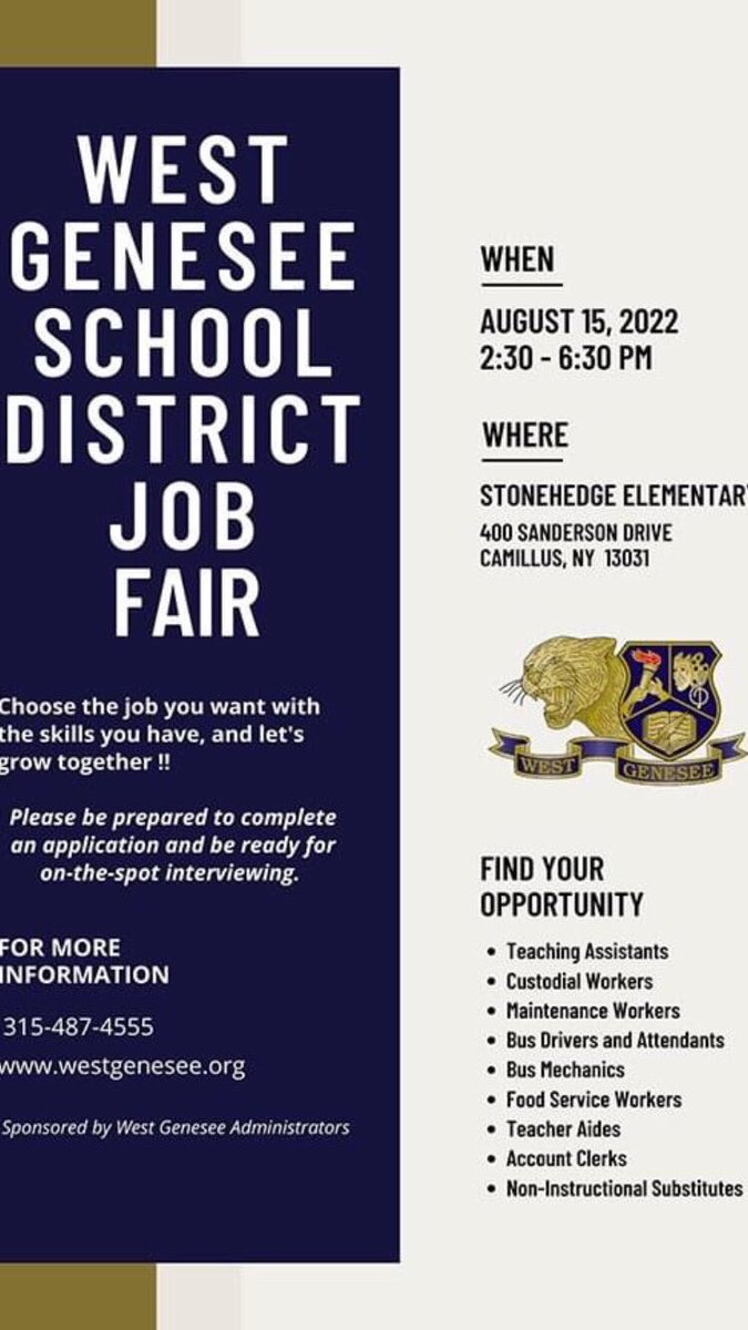 Mark your calendars and plan on stopping by our Transportation table or getting on a bus with one of trainers …. NOW HIRING for Bus drivers and Attendants. #schoolbus #transportation #westgeneseecentralschool #busdriver #schoolbusattendant …please share