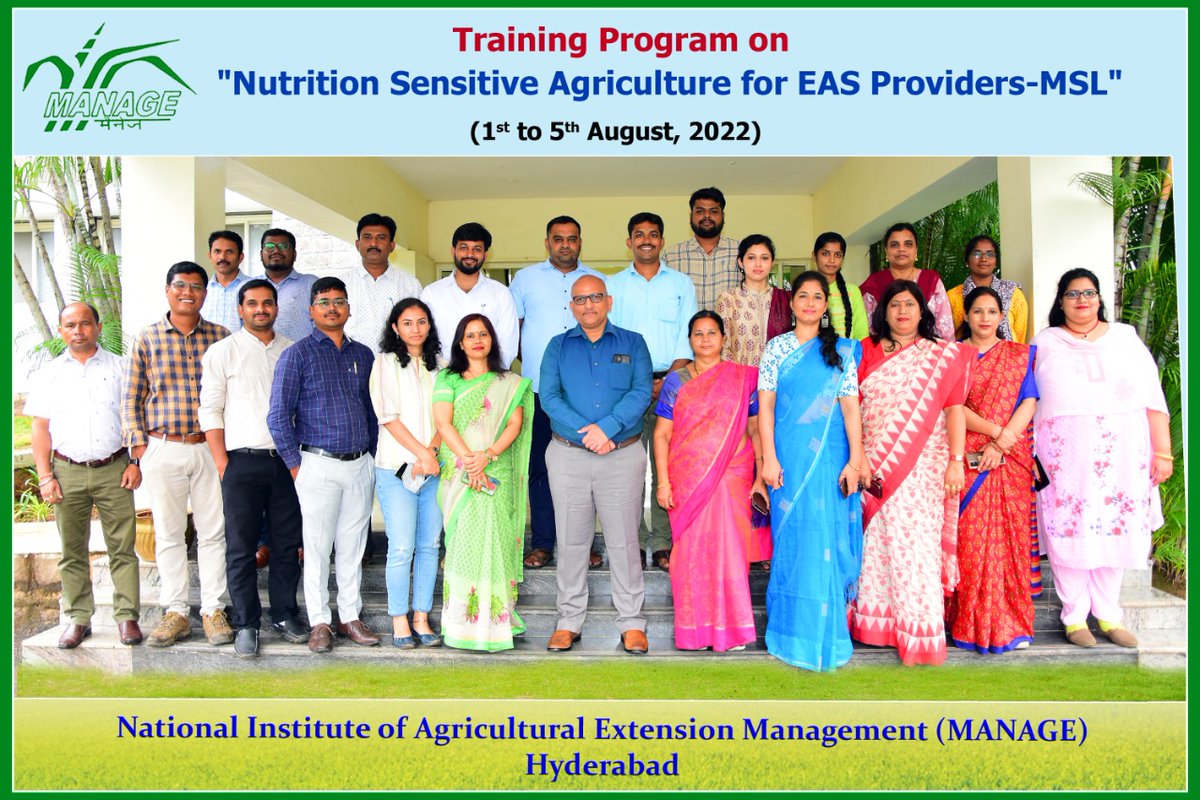 CgaManage's tweet photo. MANAGE organised a offline training prog on Nutrition Sensitive Agriculture for EAS Providers for mid-senior officers in agril &amp; allied sectors from 1-5 August 2022 to build capacity towards nutrition-led agril. 
@FAO @IFPRI @CGIARnutrition @mssrf @IFAD @UNDP @UN @chandraagri https://t.co/mgEwRYzZpl