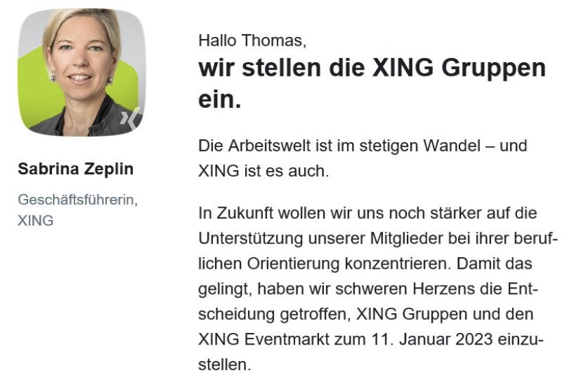 #xing stellt Gruppen und Events ein! Eine Company mit dem Namen <a href="/NewWork_SE/">New Work SE</a> die Funktionen für kollaboratives Arbeiten einstellt hat nichts verstanden. Die Company konzentriert sich auf #headhunter, ein 1000€ Ticket Event in der #elphi und Videos ihres Headquarters. #goodbye