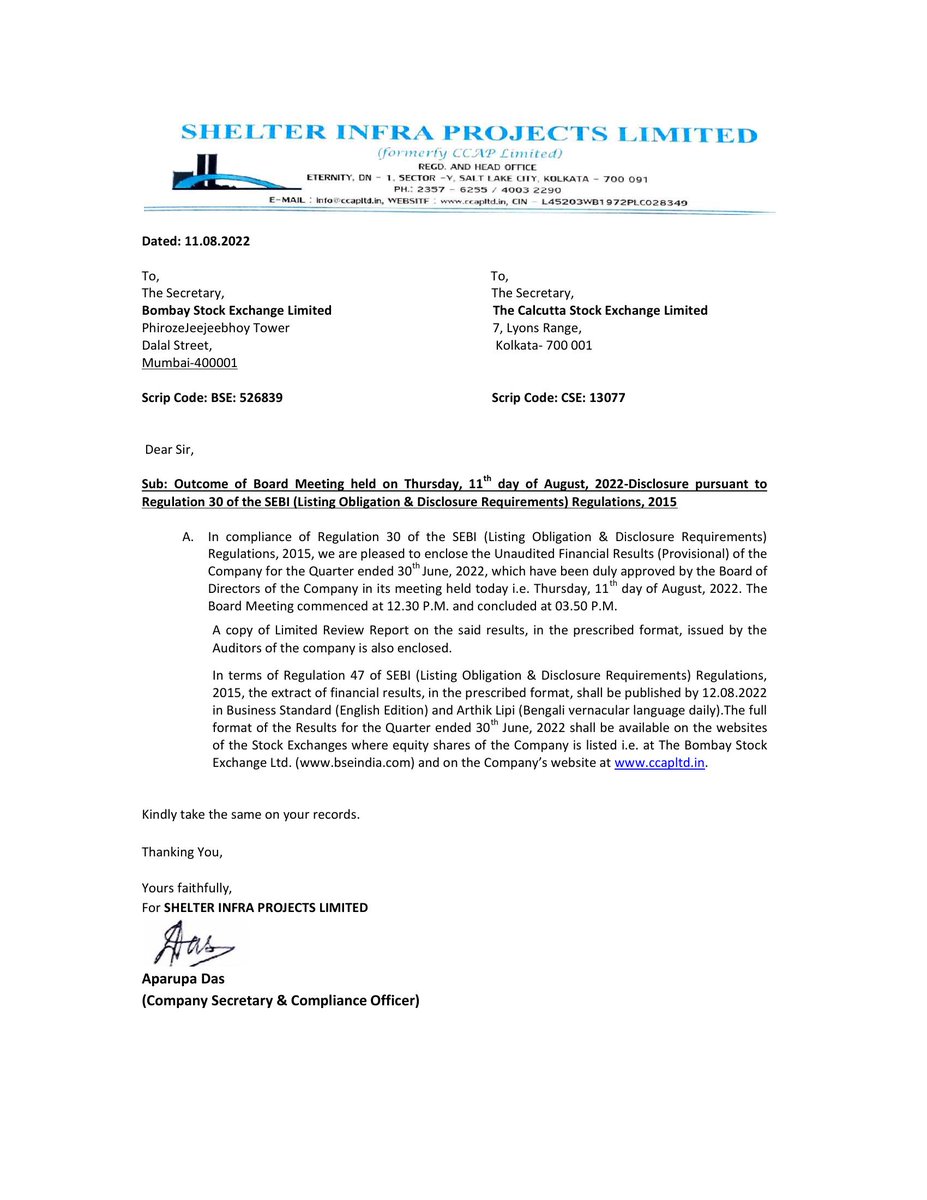 MarketUpdates6's tweet photo. SHELTER INFRA PROJECTS LTD.-$ - 526839 - Unaudited Financial Result For The Quarter Ended 30.06.2022. Full Details : https://t.co/BSd4vF9vSb https://t.co/0UrUafQ9xG
