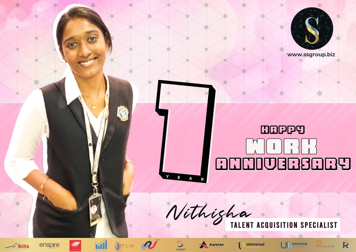 SSGroupCompany1's tweet photo. Sending you our heartiest congratulations on completing a year of success and achieving goals in this organization. 
Happiest 1st work anniversary.

- Nithisha our Talent Acquisition Specialist

#SSGroup #FirstWorkAnniversary #work #talentacquisition #success #employeerecognition https://t.co/CTwlBa2Wes