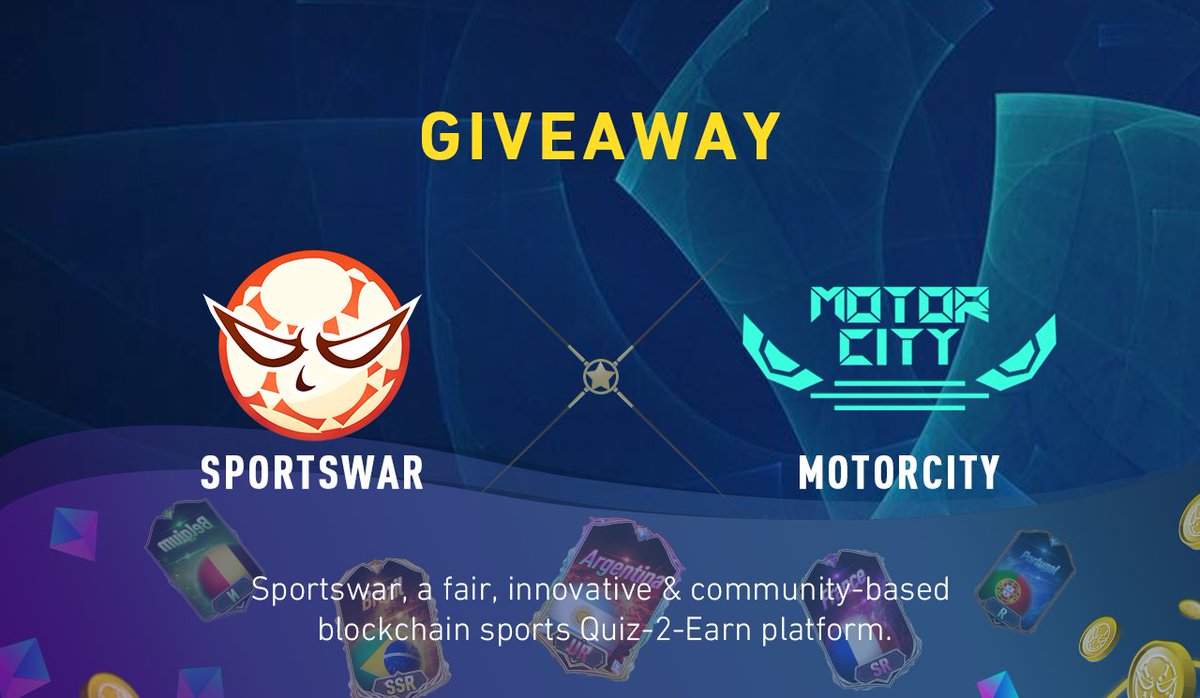 🎉  Sportswar &amp; MOTORCITY🎉

🎉 Follow <a href="/Sportswar_real/">Sportswar</a> &amp; <a href="/themotorcity_io/">MotorCity</a>
❤️ Like + RT + tag 3 

🎁   15  WL  MOTORCITY
🎁   15  WL  Sportswar

⏰ 48H  
Sportswar is A fair, innovative and community-based blockchain sports Quiz-2-Earn platform. 
#NFTGiveaway #NFTs #Qatar2022