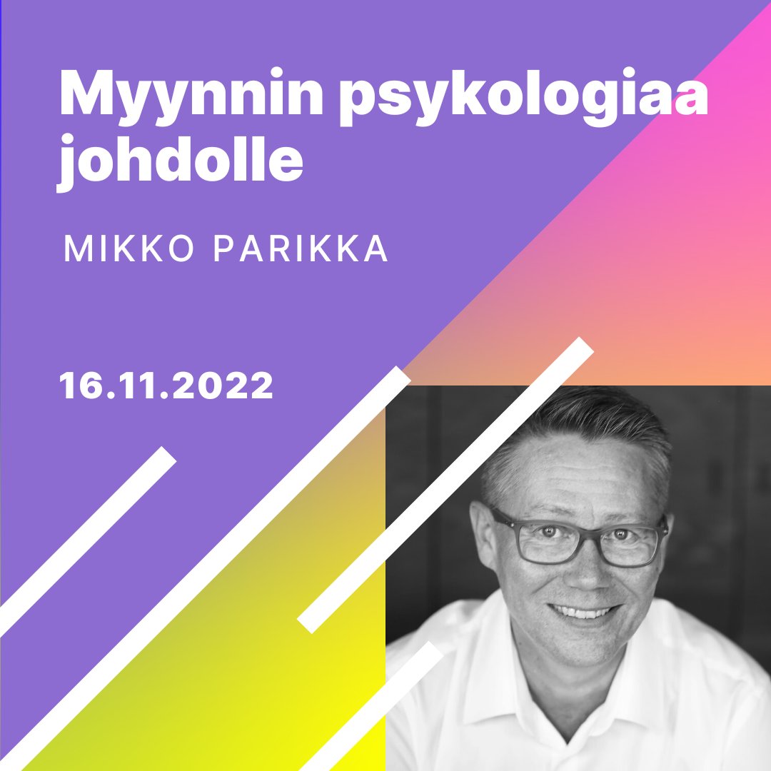 16.11. Tunneälykkään myynnin lähettiläs <a href="/mikkoparikka2/">Mikko Parikka</a> saa kunnian päättää syyskauden teemalla Myynnin psykologiaa johdolle. 

Koko päivä siis täynnä tunneälykästä myyntiä ja myyntipsykologiaa Glo Kluuvin hellässä huomassa.

Tästä tiketit: 

schoolofsales.fi/school-of-sale…