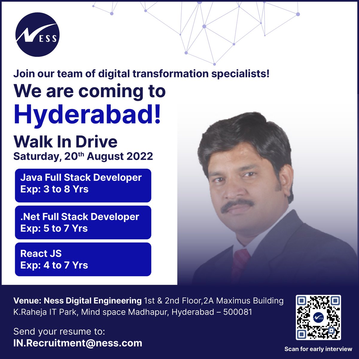 india_ness's tweet photo. We work on cutting-edge technologies for the next generation talent! Be a part of our team of digital transformation specialists!
#WalkInDrive - 20th Aug 2022 - #Hyderabad
https://t.co/NY2GZuP5s5 Send your updated resume to: IN.Recruitment@ness.com
#WeAreHiring #Walkininterview https://t.co/yqr1hYvAKg