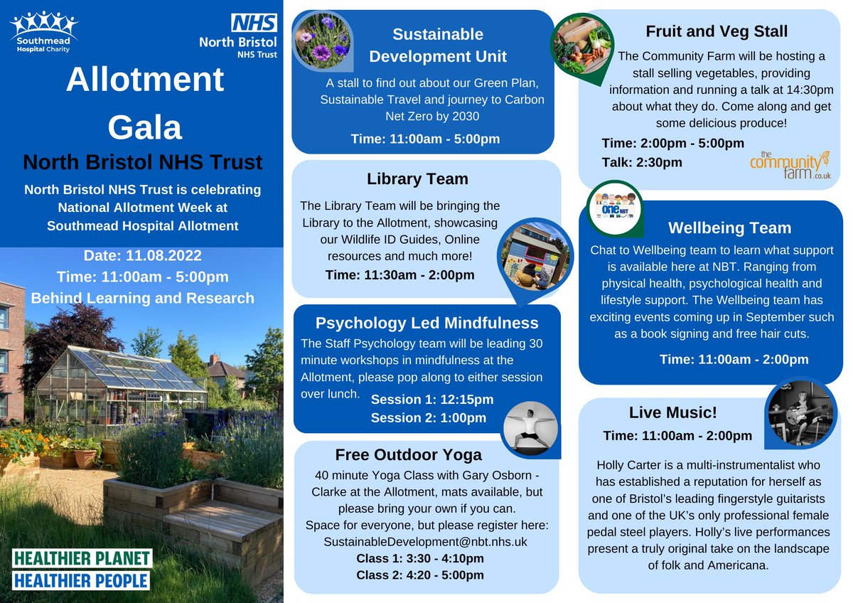 NBT Sustainable Development Unit (@nbtsusthealth) on Twitter photo Today is t he day! Allotment Gala event for <a href="/NorthBristolNHS/">North Bristol NHS Trust</a> staff!
Including
⁃live music!
⁃Free Yoga classes!
⁃Mindfulness sessions!
⁃Fruit and Veg stall!
Drop in to give the activities a go 💚 #nationalallotmentweek Today is t he day! Allotment Gala event for <a href="/NorthBristolNHS/">North Bristol NHS Trust</a> staff!
Including
⁃live music!
⁃Free Yoga classes!
⁃Mindfulness sessions!
⁃Fruit and Veg stall!
Drop in to give the activities a go 💚 #nationalallotmentweek