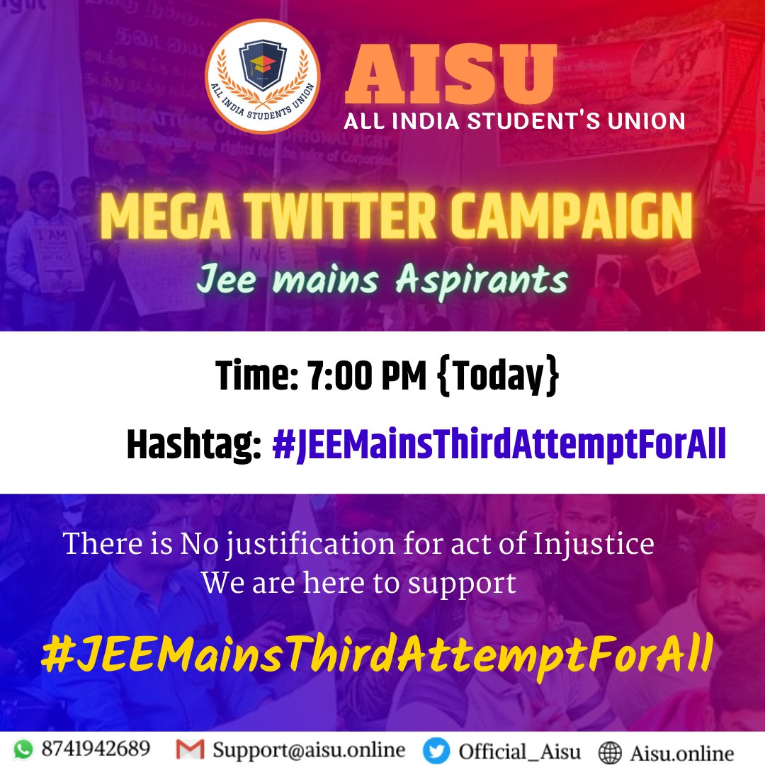 Sudhanshu2107's tweet photo. On Aspirants demand

Twitter Campaign Alert ⚠️ 

Today ( 11 August 2022) 
Time - 7 pm Onwards 💥

📢Hastag: #JEEMainsThirdAttemptForAll 
#JEEMains2022

STAY-UNITED  ✊✊
SHARE THIS CAMPAIGN WITH YOUR FRIENDS,  WELL-WISHERS! https://t.co/uy42gwsx4b