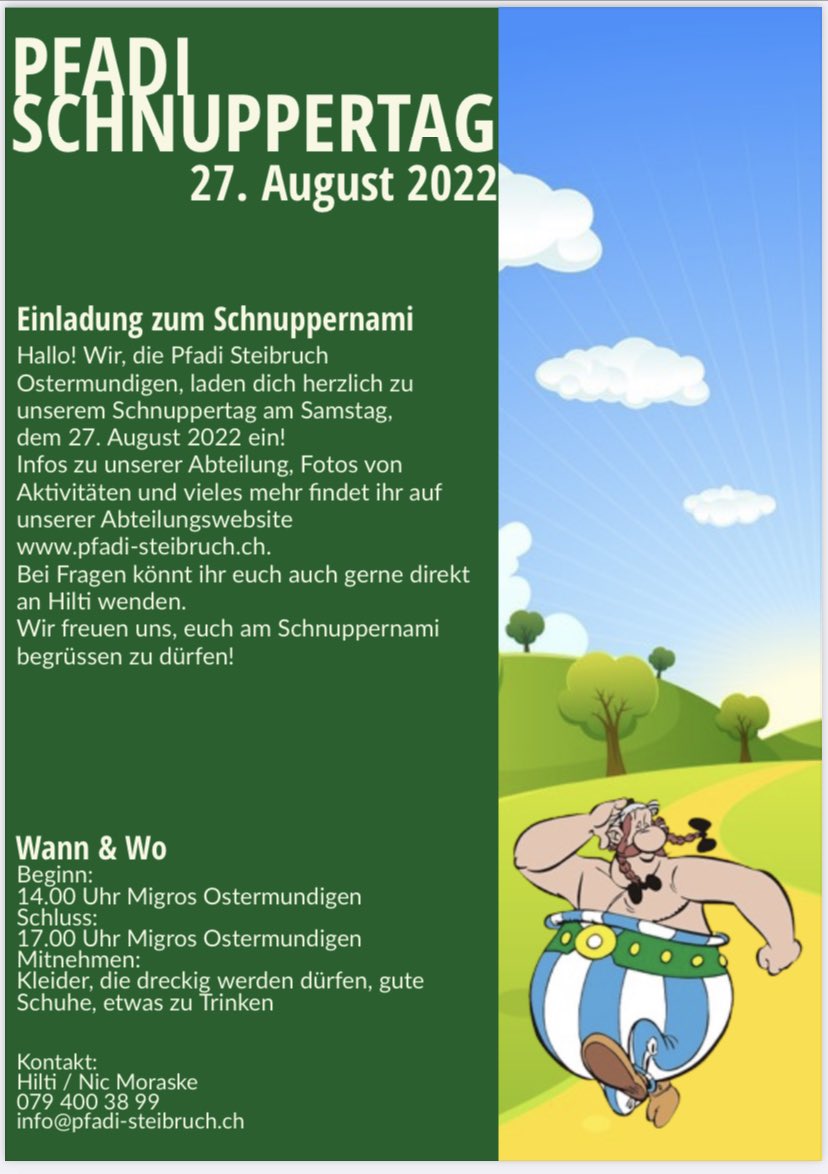 pfadi_steibruch's tweet photo. Wir laden dich herzlich zu unserem Schnuppertag am Samstag, 27. August 2022 um 14:00h ein!
Wir freuen uns, dich am Schnuppernami begrüssen zu dürfen!
Wann &amp; Wo
Beginn: 14.00 Uhr grosse Migros Ostermundigen Schluss:
17.00 Uhr auch dort.
Kontakt:
Hilti / Nic Moraske
079 400 38 99 https://t.co/LOz8kTmH2W