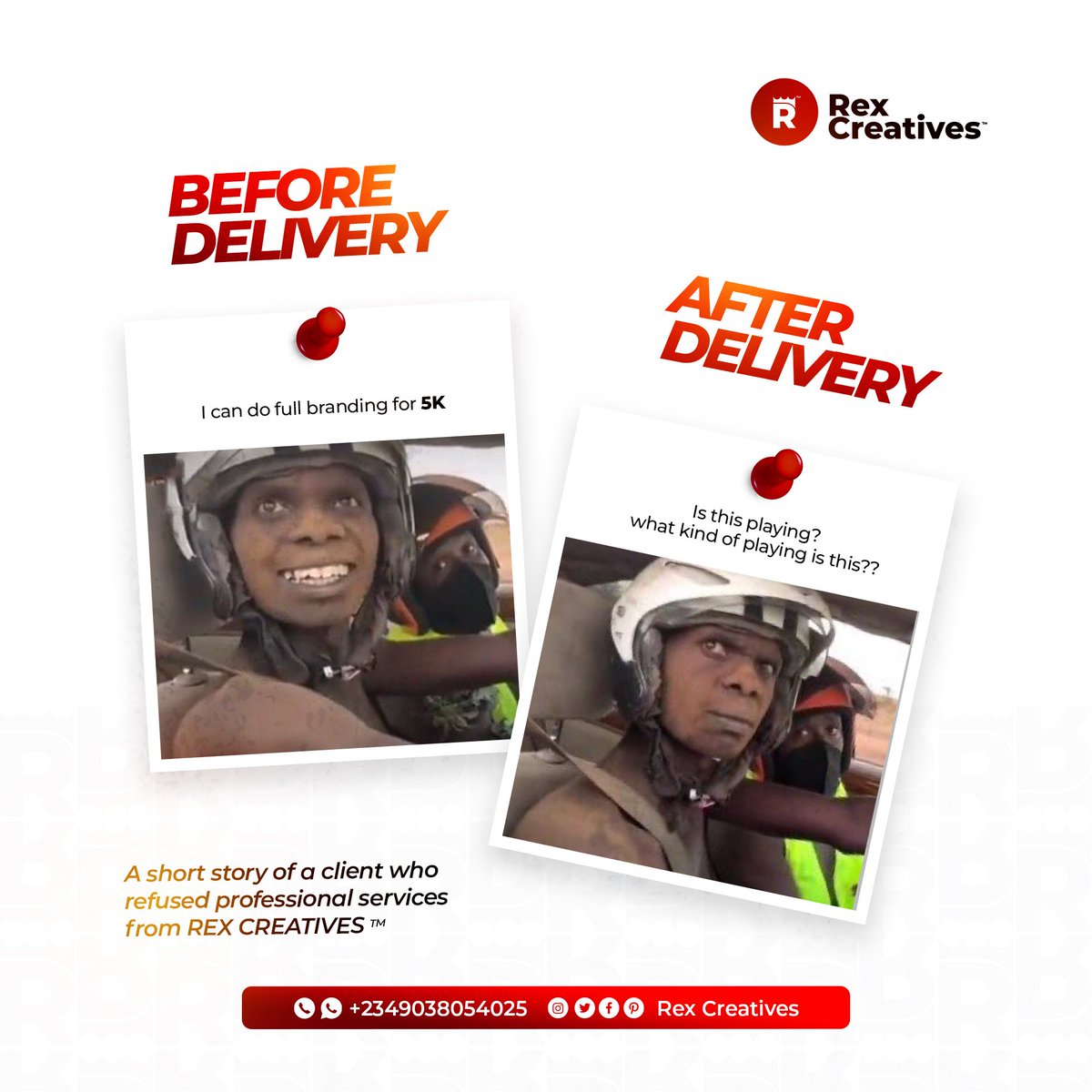 rex_creatives's tweet photo. Na so 5 pka enter canal ooo🤣🤣 Rex is offering full branding consultancy. Reach out to us make we gather dey

#oxlade #WhatsApp She's 41▪︎ASUU▪︎Jong▪︎Iniesta▪︎Tems▪︎Peter Obi https://t.co/6HhLmOYko2