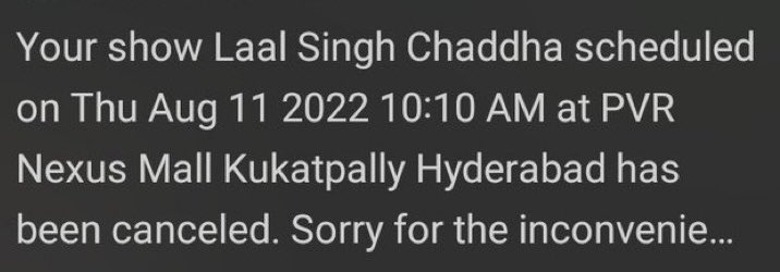 zurange_mahesh's tweet photo. Well done Bharat
#LaalSinghChaddhaReview shows being canceled 👏 
#BoycottLaalSinghChaddha 
#BoycottLalSinghChadha 
#BoycottbollywoodCompletely 
SSR Sisters Awaiting Justice https://t.co/uMjngWoJO5