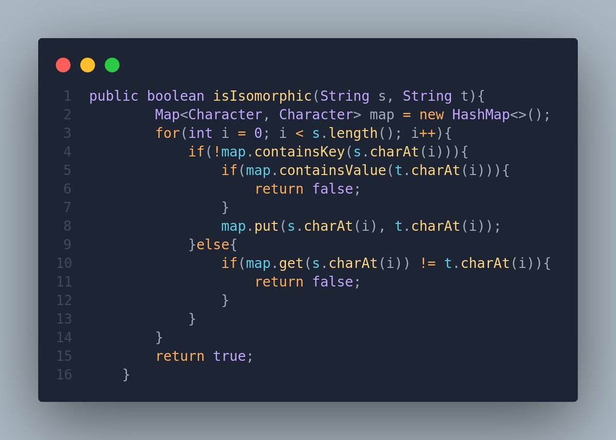 atifmeeraj's tweet photo. Day 40.
Given two strings s and t, determine if they are isomorphic.
Two strings s and t are isomorphic if the characters in s can be replaced to get t.
Eg:
Input: s = "egg", t = "add"
Output: true
Input: s = "foo", t = "bar"
Output: false
#100DaysOfCode #Java #IsomorphicStrings https://t.co/WogLyyGXaS