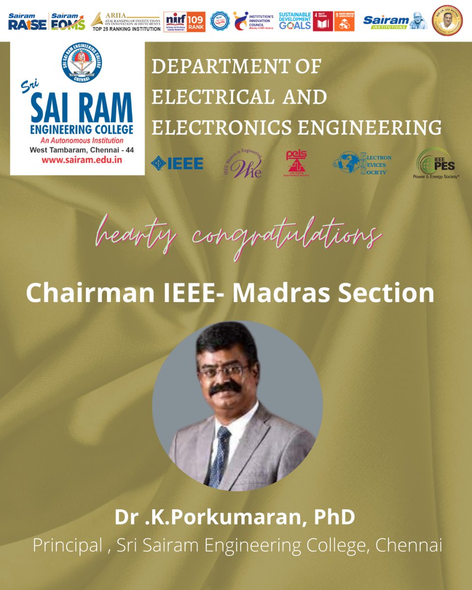 OfSsec's tweet photo. Congratulations to our beloved Principal sir Dr.k.K Porkumaran sir for getting elected as Chairman IEEE MADRAS SECTION and Brindha Saminathan for getting elected as executive member-IEEE of MADRAS section we wish both of them to achieve greater heights in their future endeavors!! https://t.co/fyKTcy9vQ2